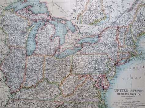 1907 United States Northeast Large Original Antique Map Cartography