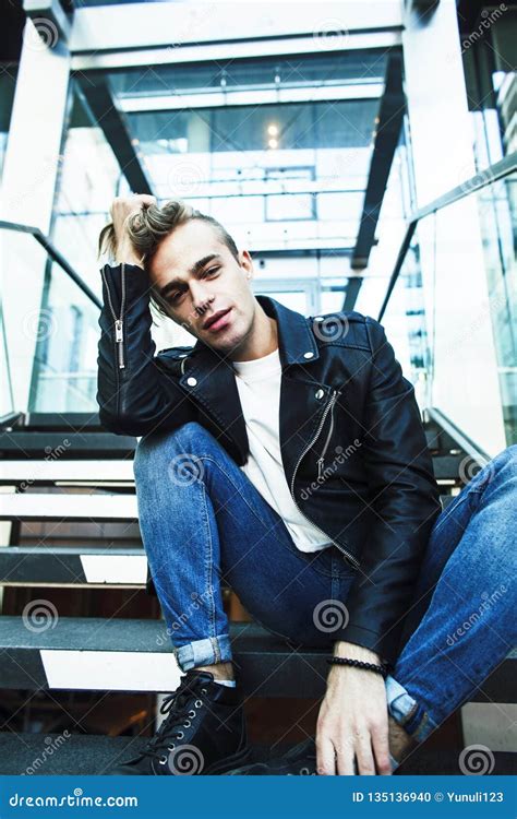 Young Modern Hipster Guy At New Building University Blond Fashio Stock