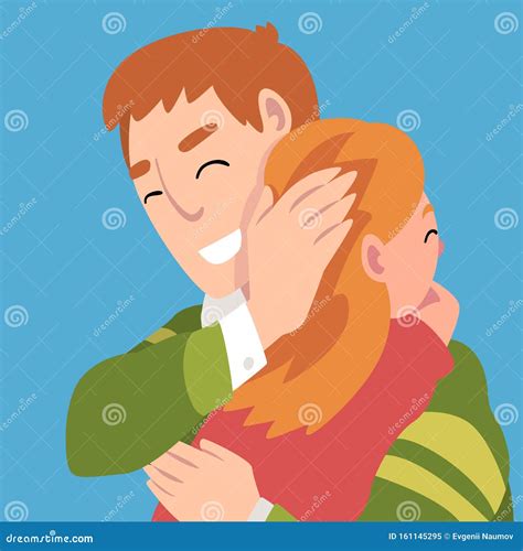 Father Hugs Daughter Holds A Hand On Her Head Cartoon Vector
