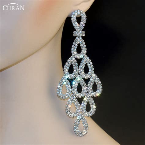 Chran Luxury Sparkling Rhinestone Teardrop Shape Long Earrings For