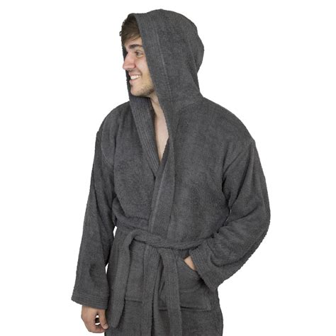 Mens Terry Toweling Cotton Bathrobe Hooded Dressing Gown Charcoal