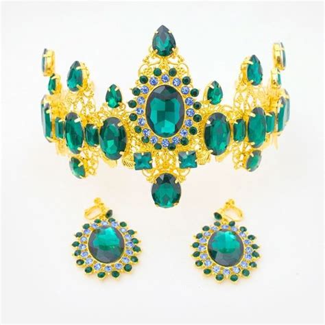 Gorgeous Green Crystal Gold Alloy Prom Homecoming Tiara Crown With Earrings