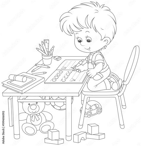 Little Boy Doing His Homework In An Exercise Book With Samples Of