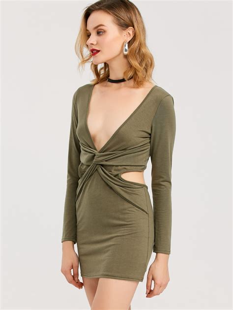 2018 Low Cut Bodycon Club Dress Olive Green S In Club Dresses Online Store Best Bodycon Midi