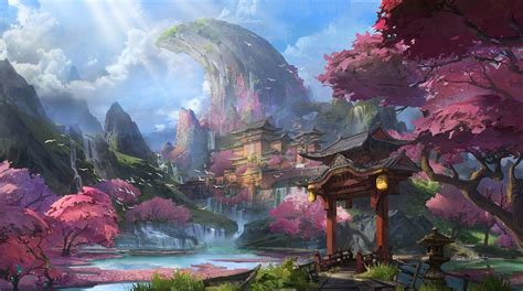 Artwork Fantasy Art Chinese Architecture Mountains Cherry Blossom