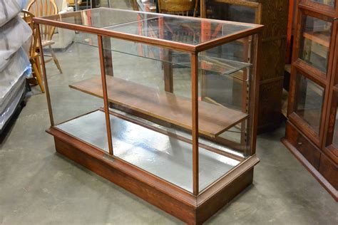 Large Antique Oak Framed Store Display Cabinet With Two Glass Shelves