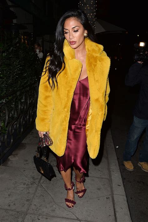 Nicole Scherzinger In A Yellow Fur Coat And Plum Silk Dress 01032019