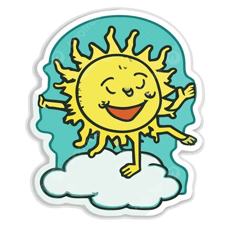 Sticker Showing A Cartoon Sun Flying Over Clouds Clipart Vector