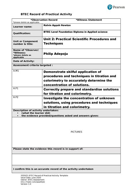 Unit 2 Assignment Applied Science Level 3 Btec Record Of Practical