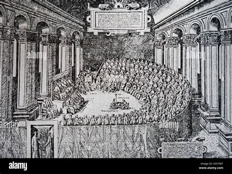 Engraving Depicting A Session Of The Council Of Trent Dated 16th