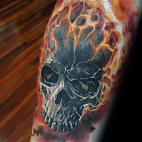 They usually features the skull and prominently displayed horns, sometimes combined with native american symbols like feathers. 50 Flaming Skull Tattoos For Men - Blazing Bone Design Ideas