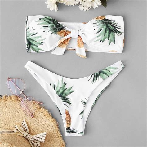 sexy bandeau pineapple print knot detail top high leg bikini set gagodeal backless monokini