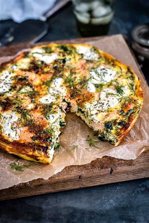 Mix freshly roasted salmon with smoked salmon, mayonnaise, celery, chives, capers, lemon zest, and pepper for a delicious filling that's not overpowering. Cottage cheese, kale and smoked salmon frittata - Supergolden Bakes