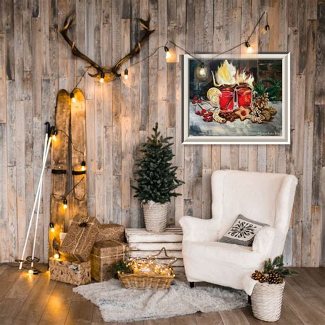 cozy fireplace christmas gift dining room wall art original etsy