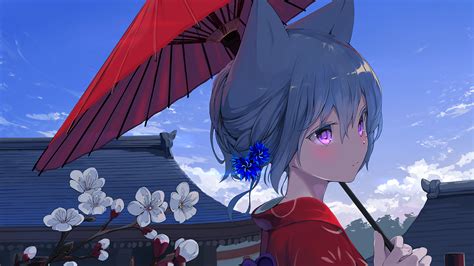Download Flower Purple Eyes Animal Ears Blue Hair Umbrella Anime