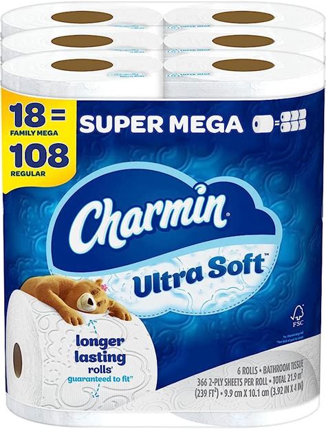 Charmin Ultra Soft Toilet Paper 18 Super Mega Rolls 108 Regular