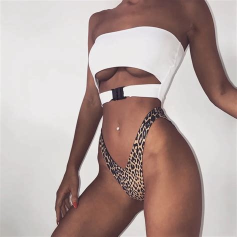 Solid Bandeau High Waisted Bikini Brazilian Leopard Swimsuit Women Cut Out Swimwear Buckle