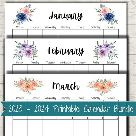 2023 Printable Calendar 2024 Yearly Calendar Printable Watercolor