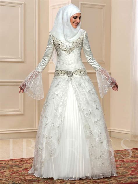 Sequins Beading Lace Long Sleeve Muslim Arabic Wedding Dress