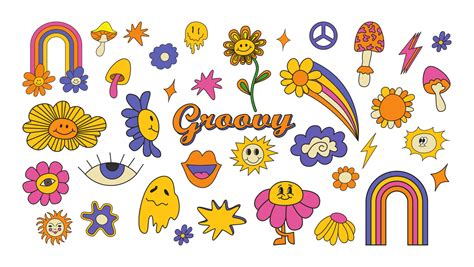 Set Of Hipster Retro 70s 60s Groovy Psychedelic Elements Cartoon Daisy