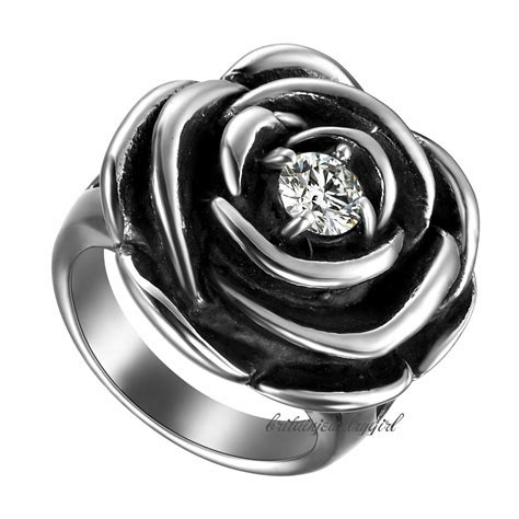 Women Retro Stainless Steel Full Bloom Rose Flower Ring Wedding