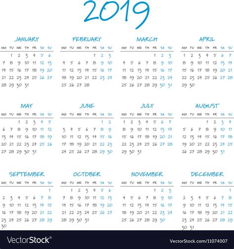 From marking your important meetings to planning. Simple 2019 year calendar Royalty Free Vector Image