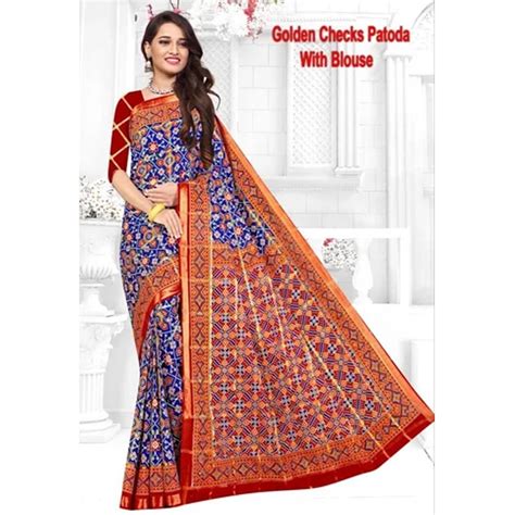 Casual Wear Printed Blue Brown Golden Check Patola Silk Saree 6 M