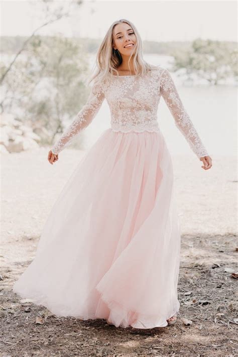 Ivory Lace Long Sleeved Wedding Gown Light Pink Tulle Skirt Narsbridal