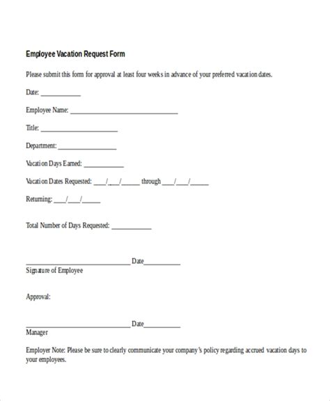 Free Sample Vacation Request Forms In Pdf Ms Word Excel