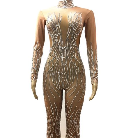 Glisten Silver Crystals Jumpsuit Sexy Evening Party Wear Full