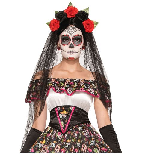 Day Of The Dead Senorita Mexican Skull Women Costume Costume Black Veil Headband Ebay