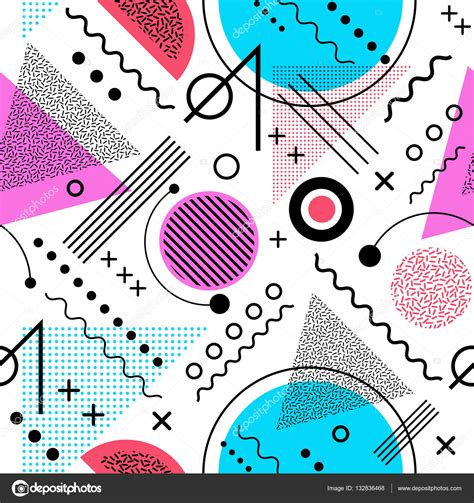 Seamless 1980s Inspired Graphic Pattern Of Lines And Geometric Shapes