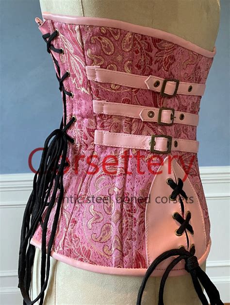 Double Row Steel Boned Authentic Underbust Brocade Corset With Leather