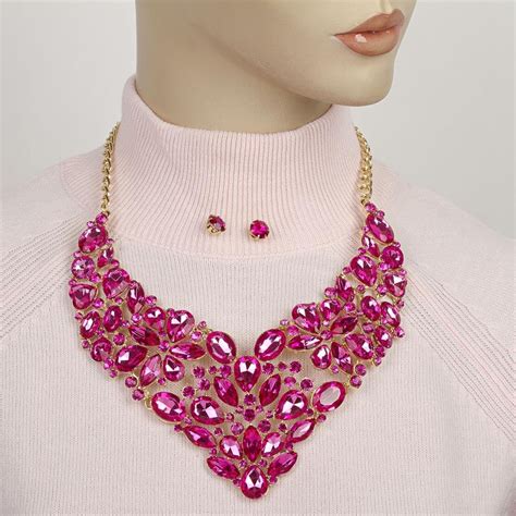Pink Rhinestone Necklace Statement Jewellery Set Pink Crystal