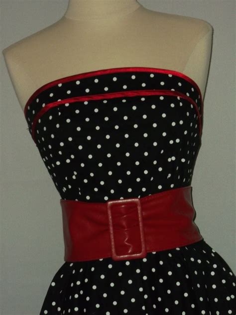 Strapless Black And White Polka Dot Dress With Red Trim And