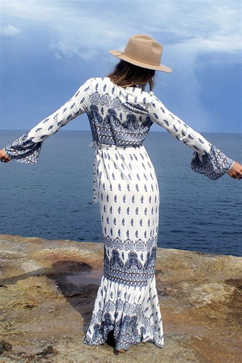 Cute Beach Dresses With V Neck And Long Sleeve Printed