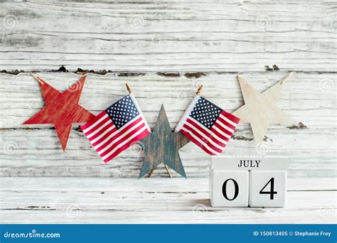 July 4th Calendar Blocks Against Rustic Background Stock Image Image