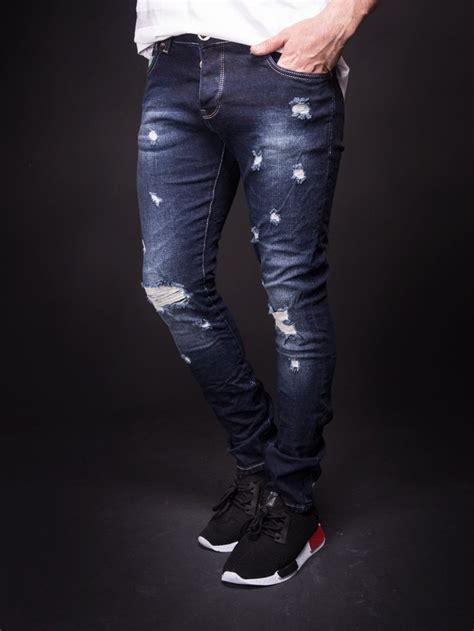 Y Men Slim Fit Here And There Ripped Destroyed Jeans Dark Blue Slim Fit Men Ripped Jeans