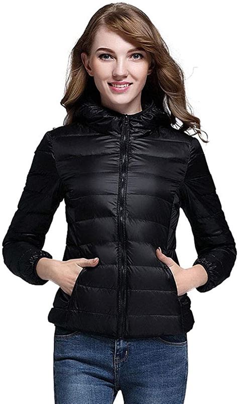 Packable Down Jacket Women Hooded Ultra Lightweight Short Winter Puffer Coat With Carry On Bag M
