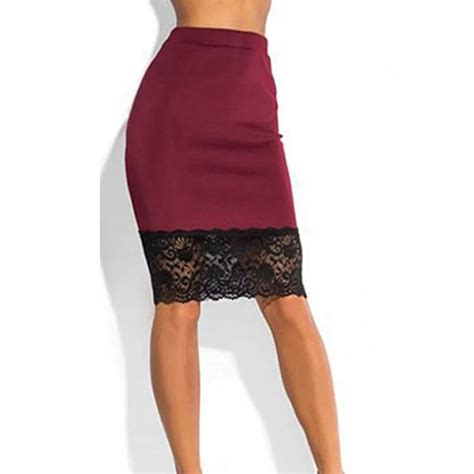Hot Fashion Women Ladies Summer High Waisted Pencil Skirts Lace Patckwork Sexy Knee Length