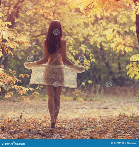 Beautiful Naked Woman Walking In Fall Forest Stock Photo Image Of