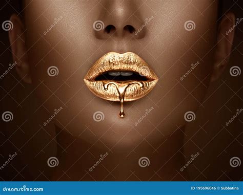 Golden Lipstick Closeup Liquid Metal Dripping From Gold Lips Beautiful Makeup Lips Bright