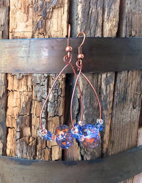Copper Earrings Czech Glass Blue Earrings Summer Jewelry Etsy