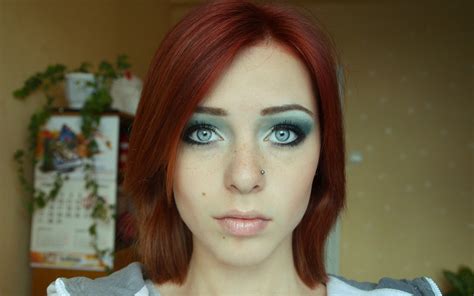 Wallpaper Face Women Redhead Model Long Hair Blue Eyes Makeup Black Hair Piercing