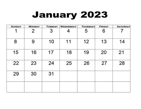 2023 January Printable Calendar Printable Template Calendar