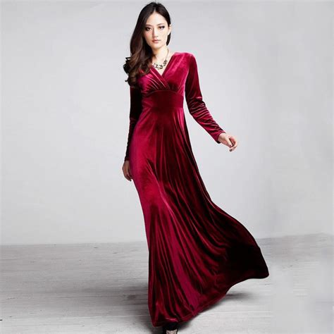 spring autumn sexy elegant lady velvet warm maxi dress women long sleeve deep v ankle length