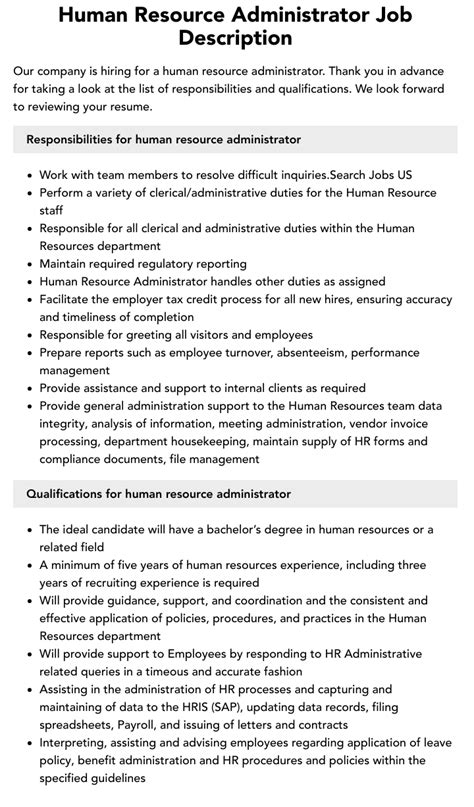 Human Resource Administrator Job Description Velvet Jobs