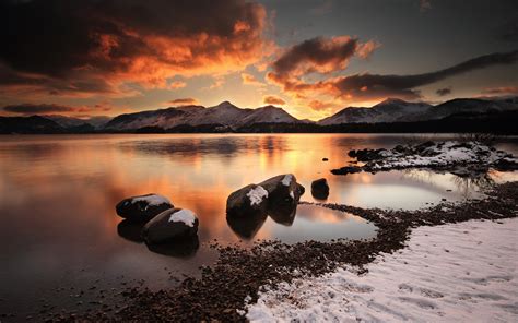 Water Sunset Mountains Clouds Landscapes Nature Winter