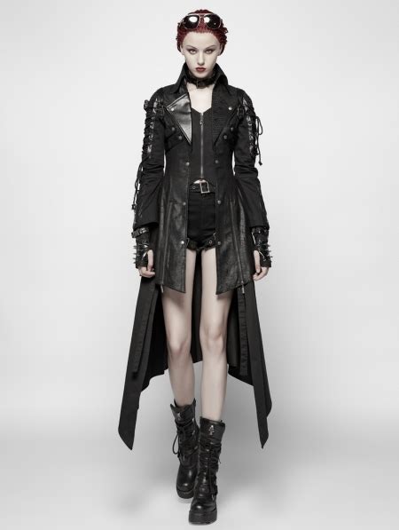 Black Long Sleeves Leather Gothic Trench Coat For Women Trench Coats