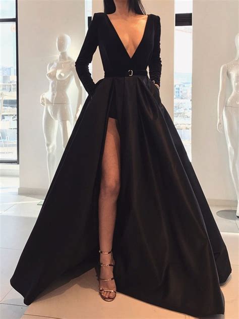 custom made a line deep v neck black long sleeves prom dresses with leg slit black v neck long